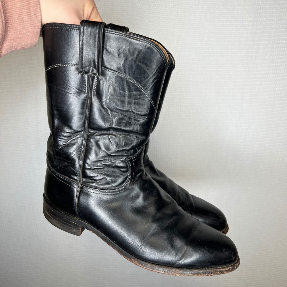 Justin Mens Black Leather Vintage Western Roper Boot 3133 Made in USA Size 9.5EE - Picture 1 of 7